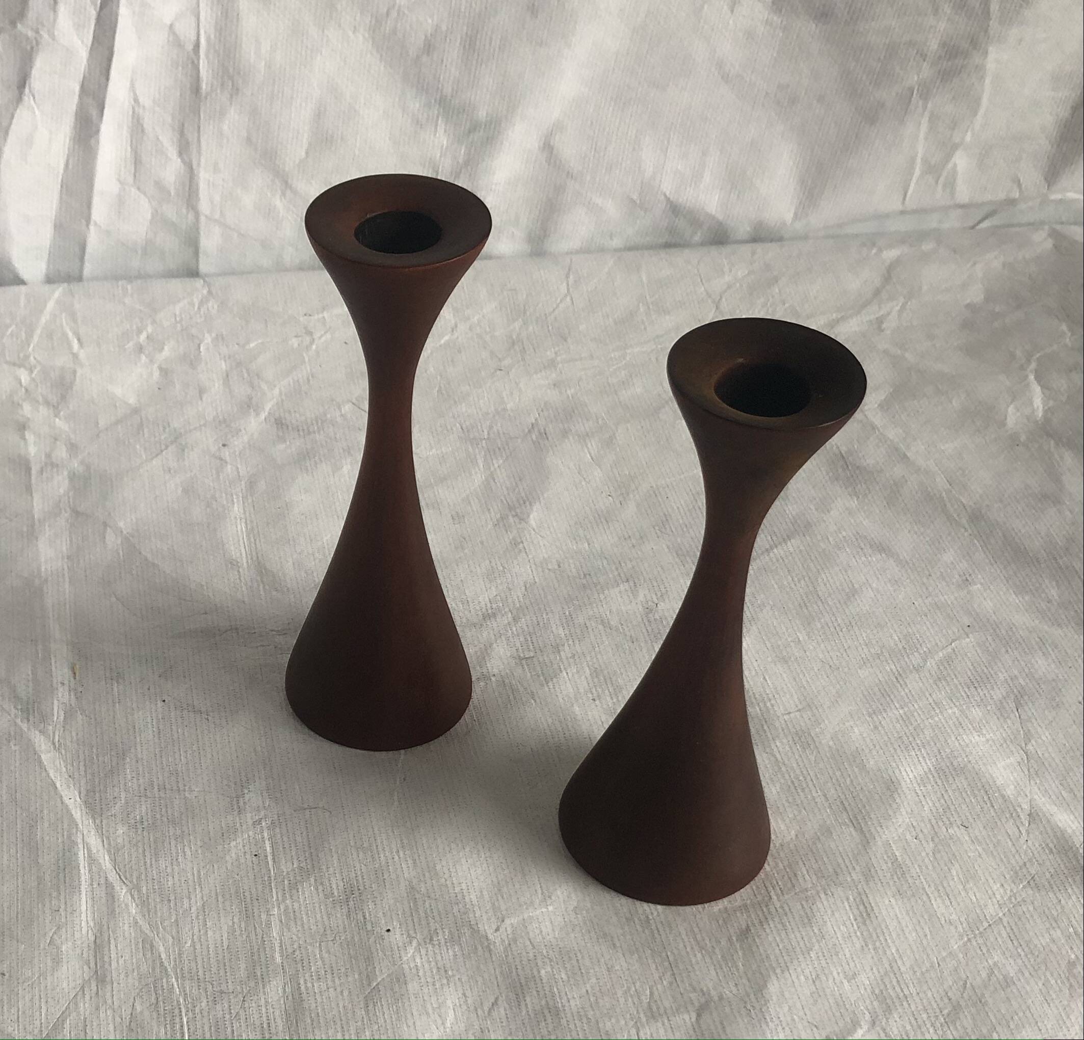 Pair of candlesticks in vintage stained birch wood, Scandinavian design