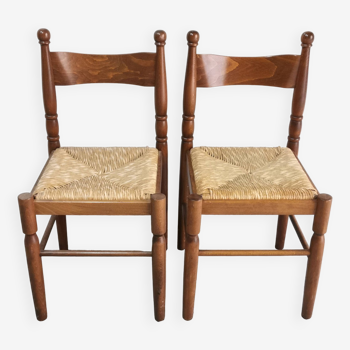 Pair of vintage wood and straw chairs