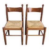 Pair of vintage wood and straw chairs