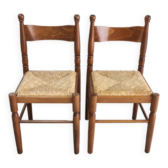 Pair of vintage wood and straw chairs