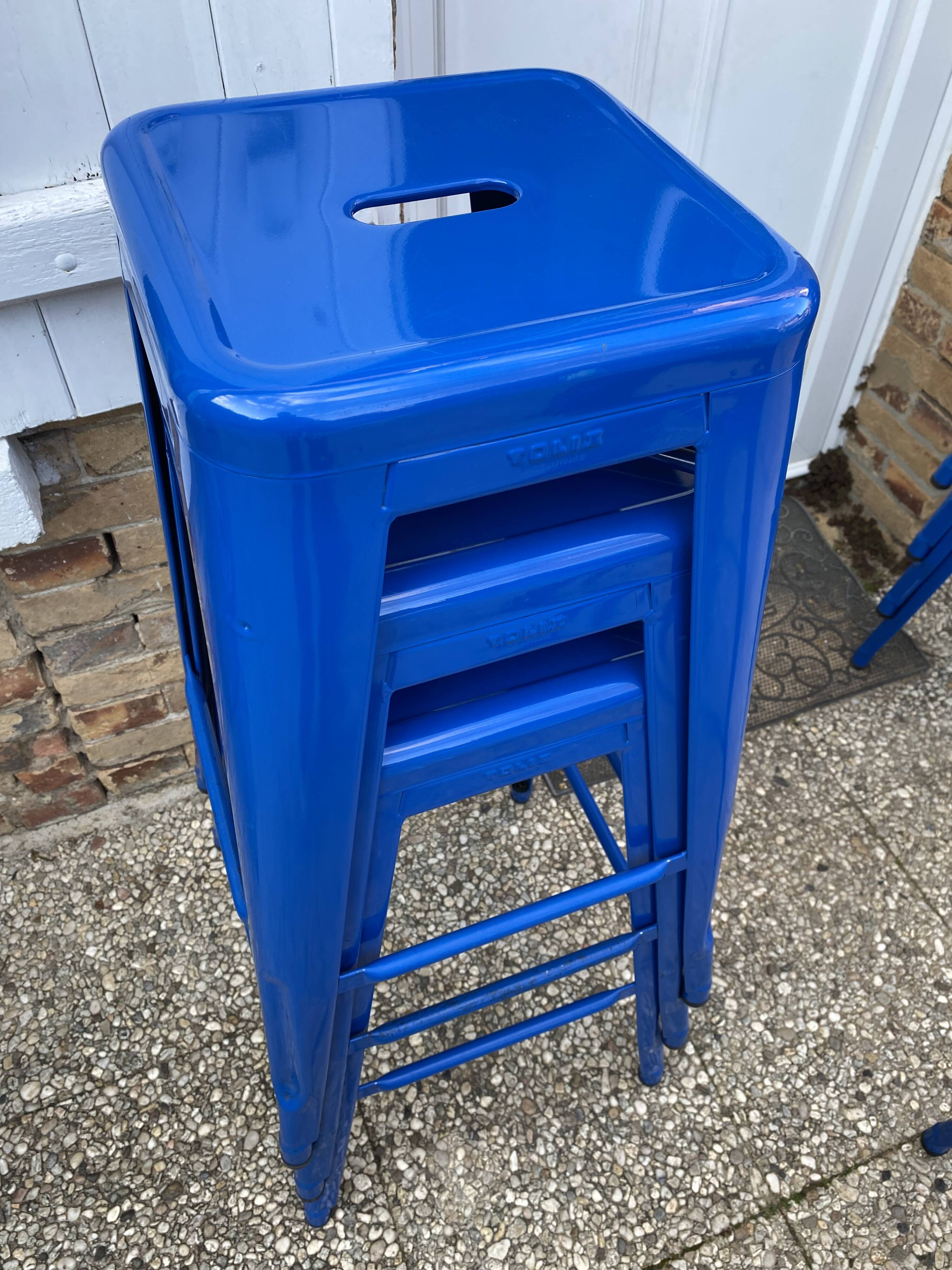 Genuine tolix h75 industrial metal bar stool, stackable, blue.