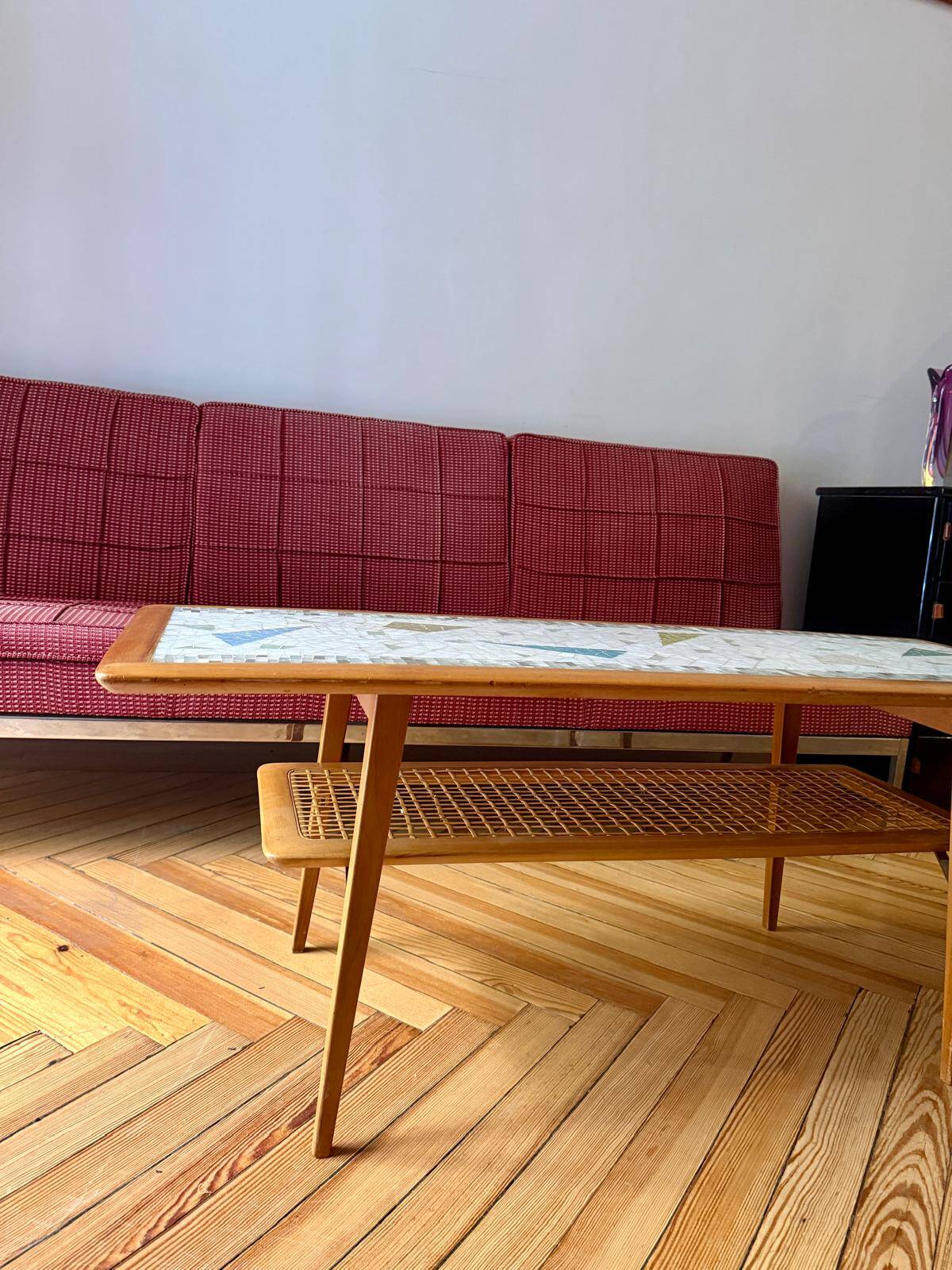 Mosaic coffee table, teak and straw, created by designer Paul Jensen.