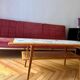 Mosaic coffee table, teak and straw, created by designer Paul Jensen.