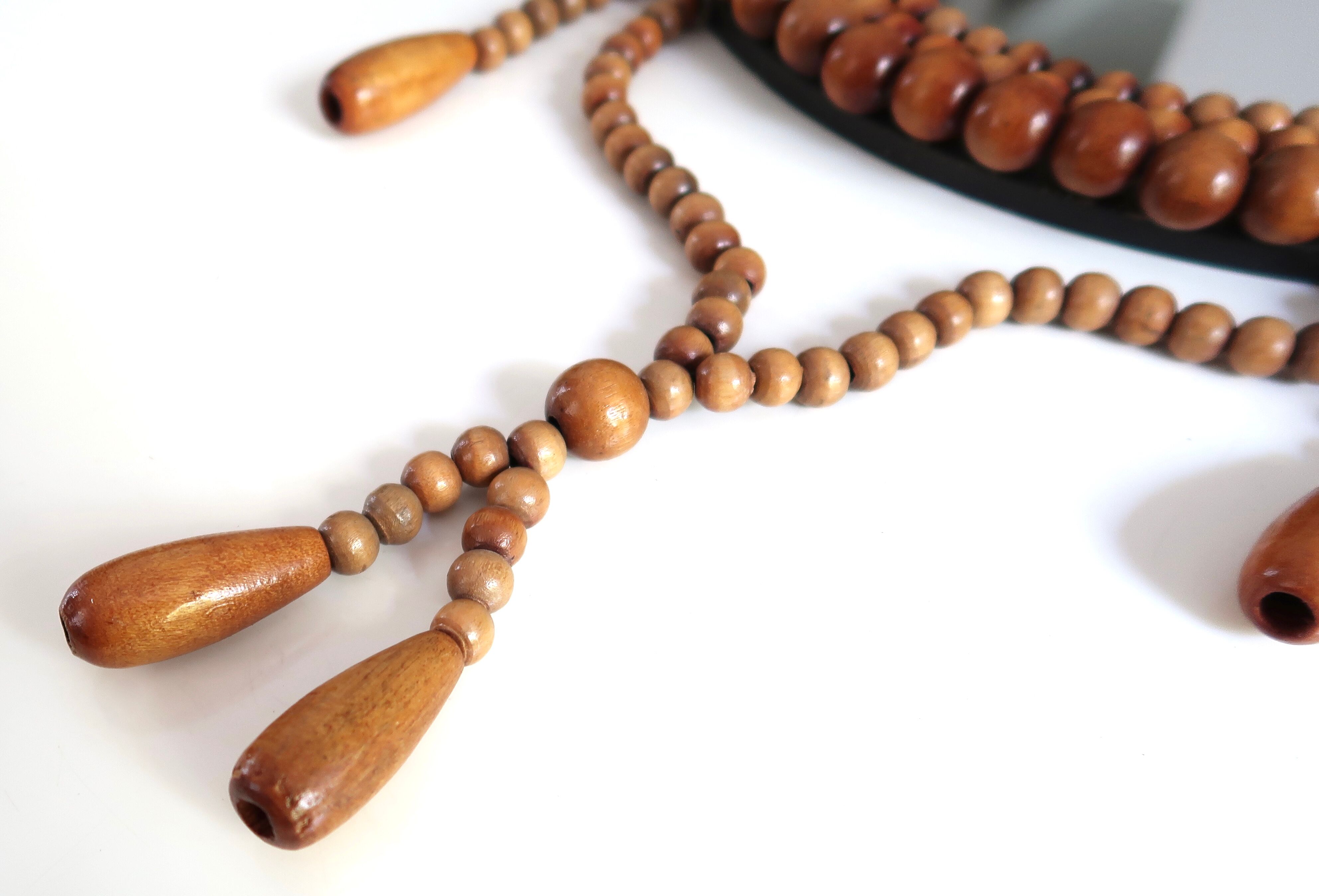 Round mirror, wooden bead frame, 60s 33cm