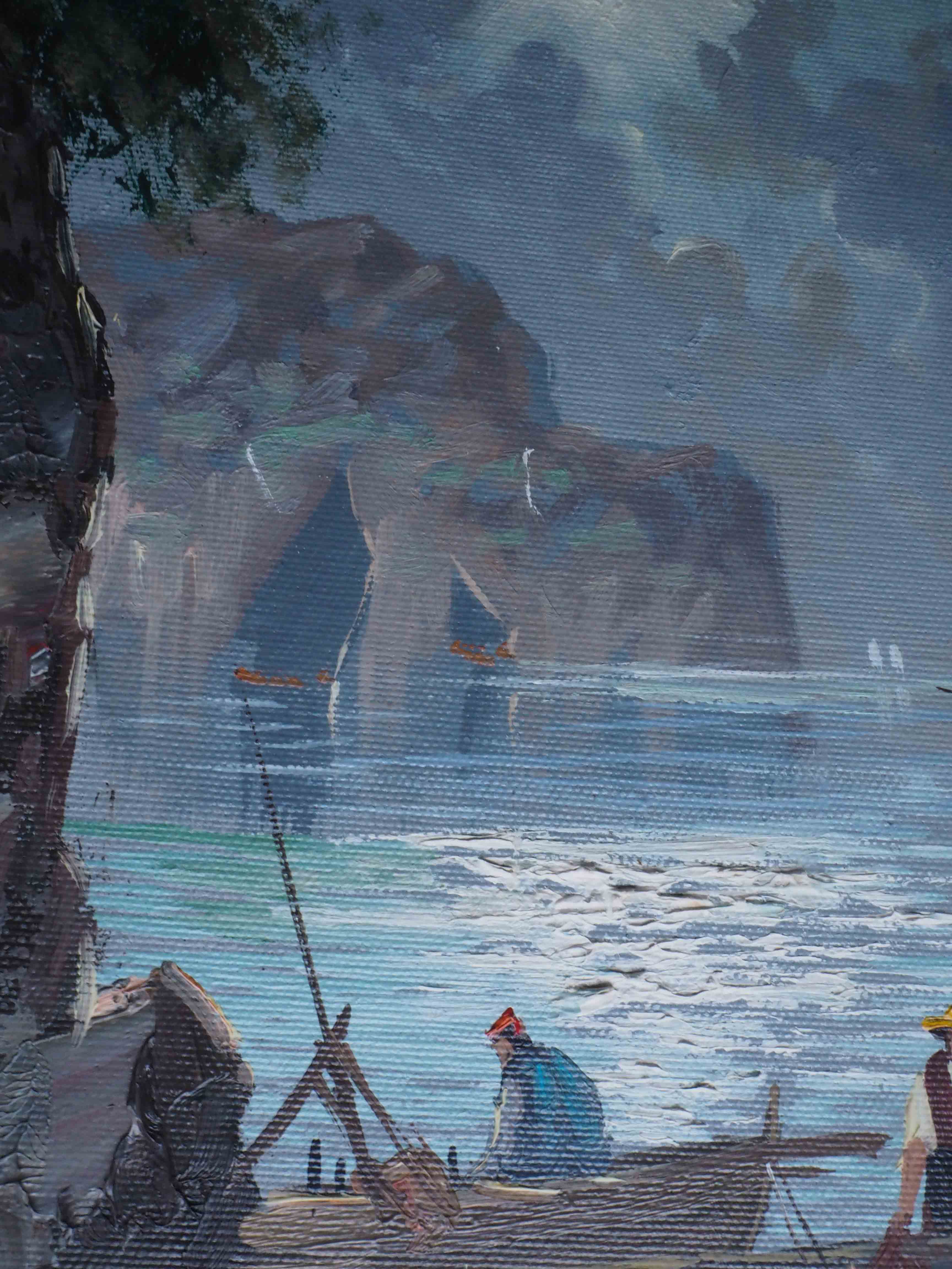 Painting marine fishermen in the moonlight signed + frame