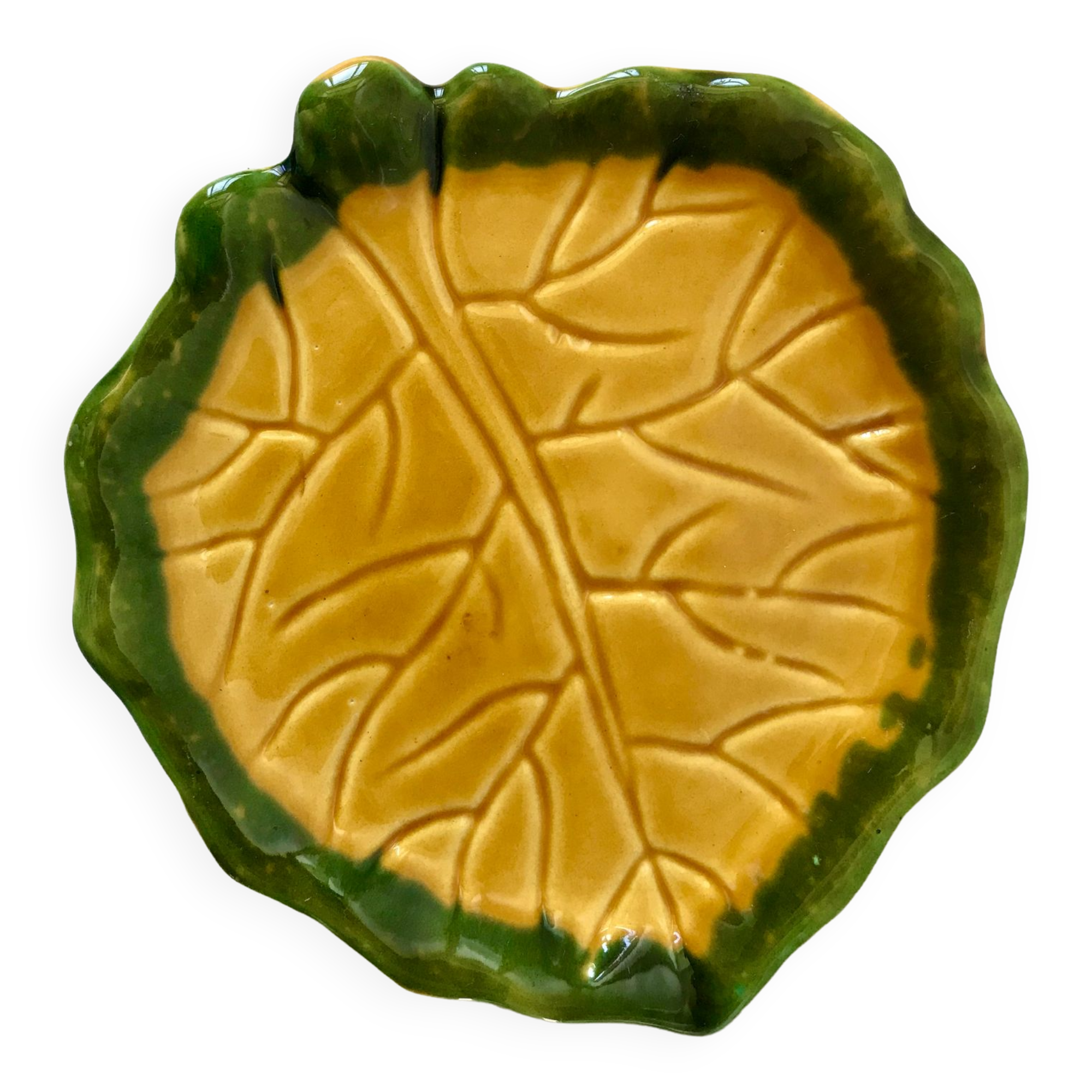 Leaf tray in yellow and green slip 60s-70s