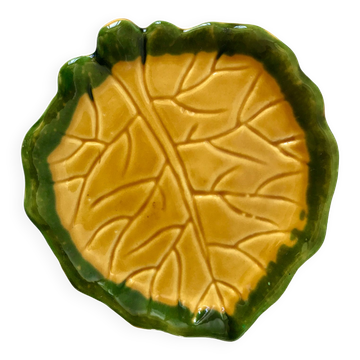 Vide-poche feuille en barbotine jaune et vert années 60-70