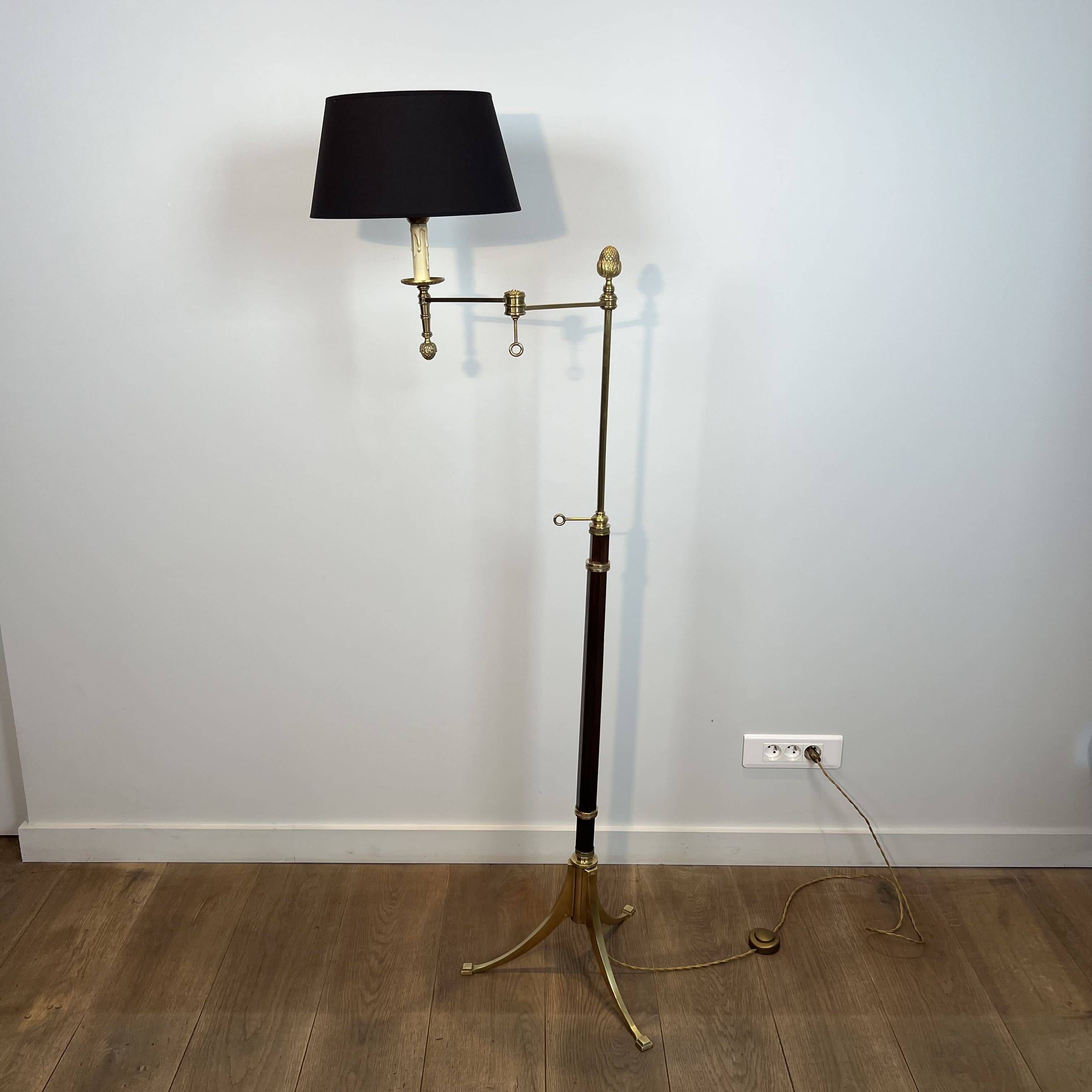 Reading Lamp in Mahogany and Gold Brass with Articulated Arm and Tripod Base