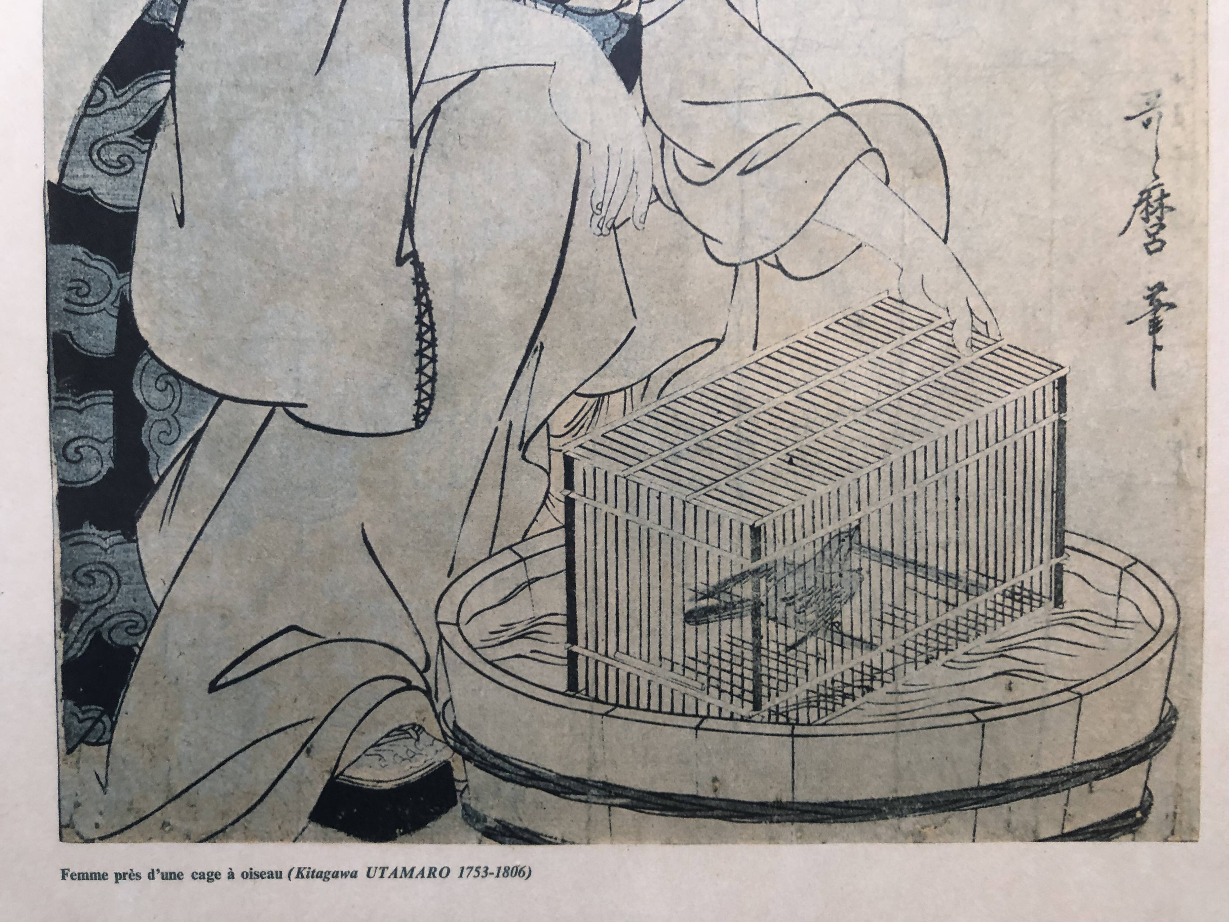 Japan print, woman near bird cage kitagawa utamaro copy 1961 rennes museum