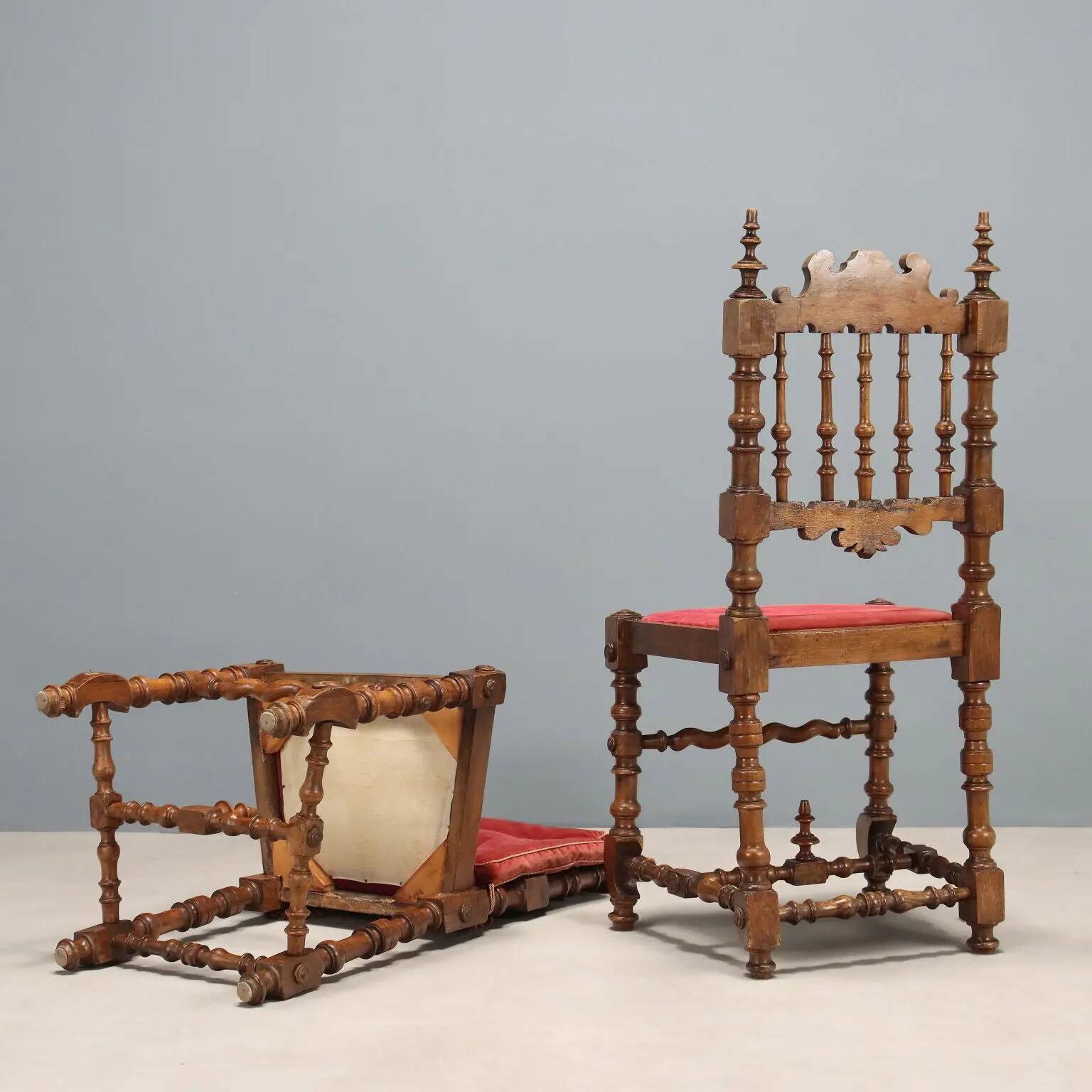 Antique baroque chairs, velvet seat, Italy 20th century.