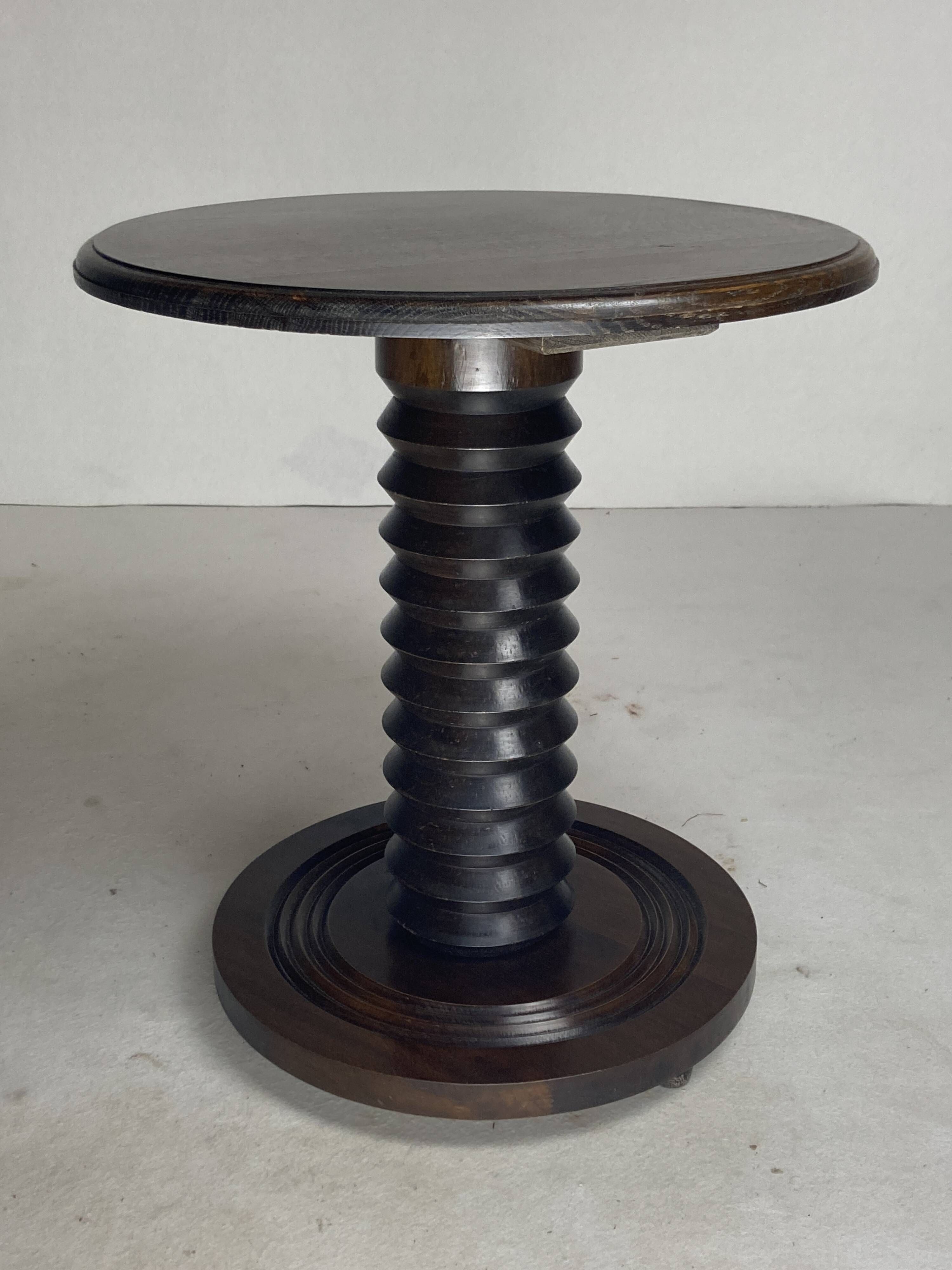 French brutalist wood turned side table in the style of Charles Dudouyt