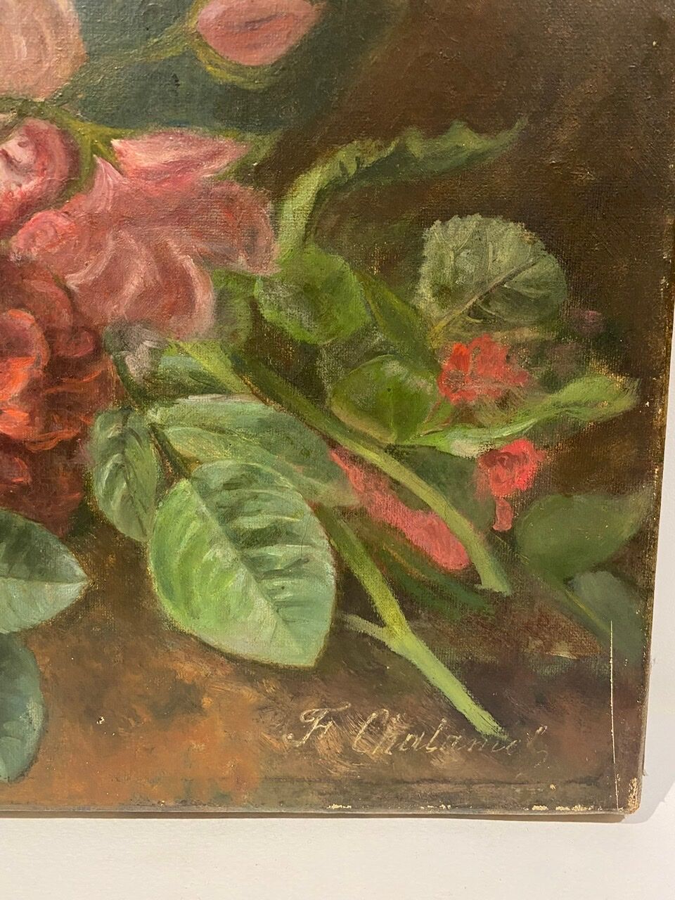 Old painting, still life with daisy roses and wild flowers, signed, early XX century