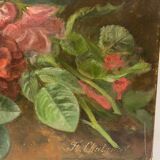 Tableau ancien, nature morte aux roses pâquerettes et fleurs sauvages, signé, début XX siècle
