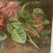 Old painting, still life with daisy roses and wild flowers, signed, early XX century