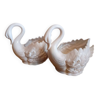 Paire de caches pots cygne céramique 1970