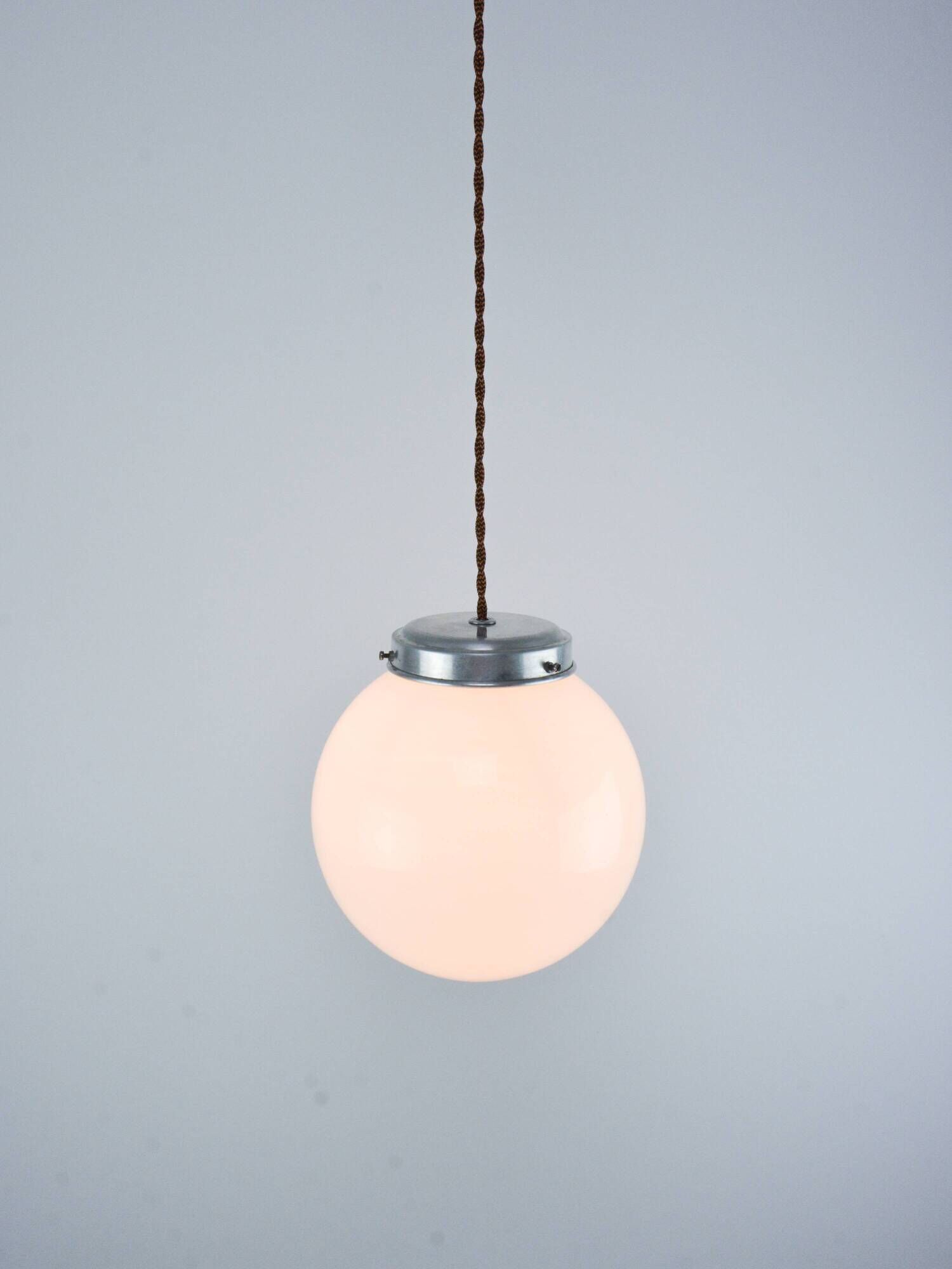 Small Mid-Century Italian Opaline & Metal Sphere Pendant Lamp