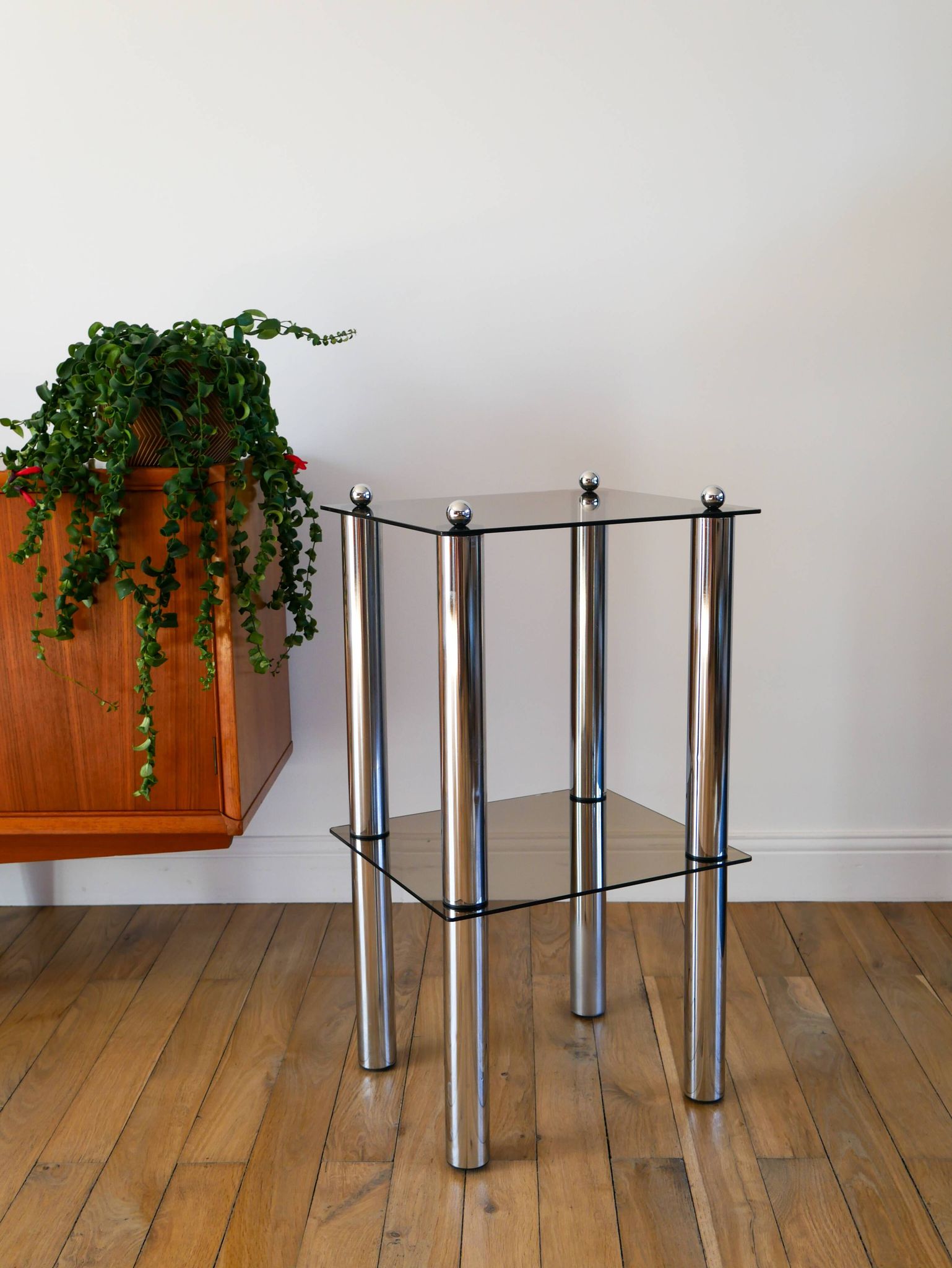 Bolster in chrome and smoked glass, double floors, Design, 1970