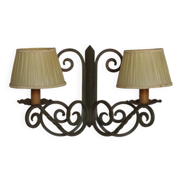 Old French Hand-Forged Wrought Iron Double-Light Wall Sconce With Shades