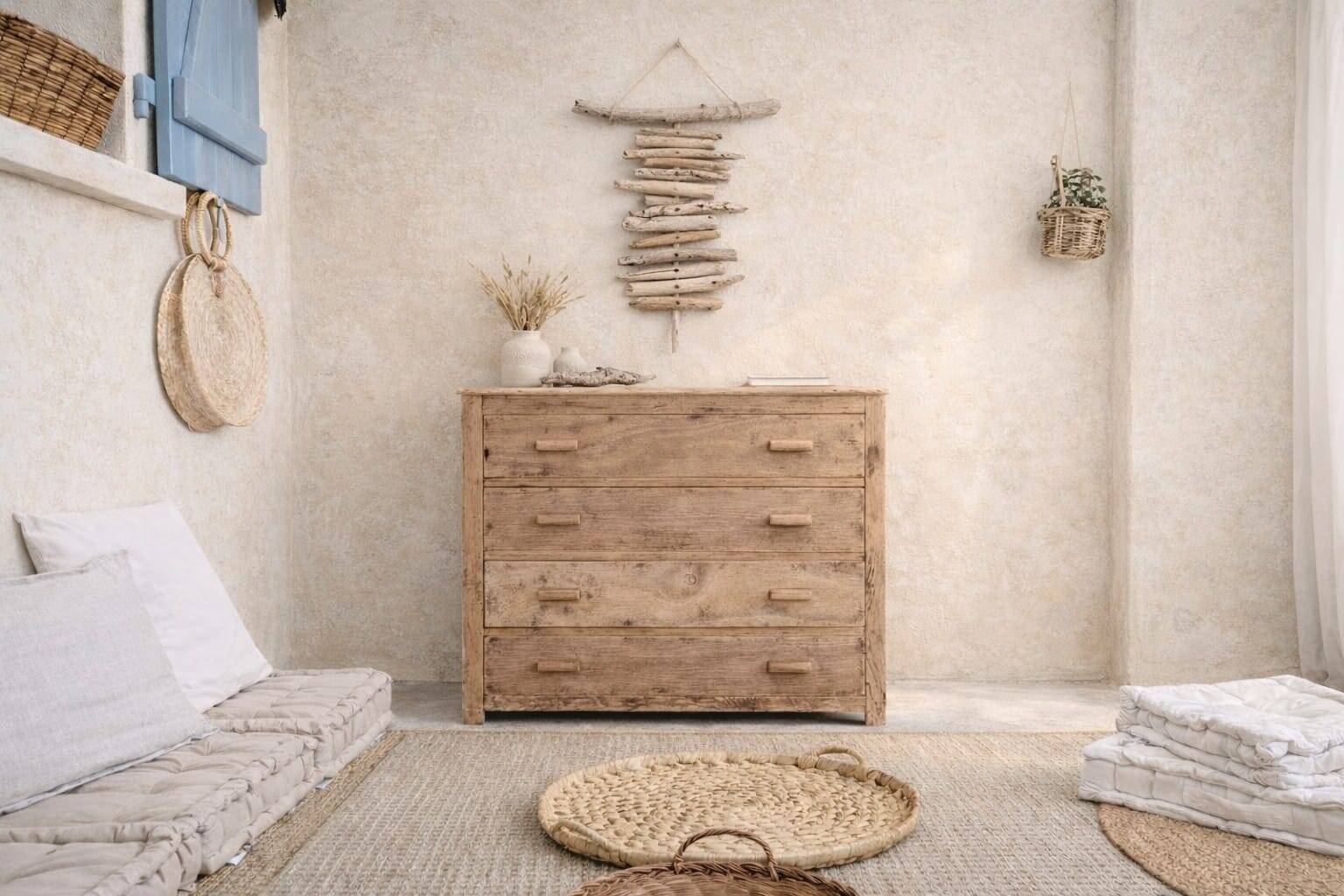 Antique light wood commode – authentic bohemian chic charm