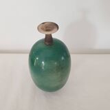 Green pot-bellied ceramic vase with foot and high, narrow neck in signed raku