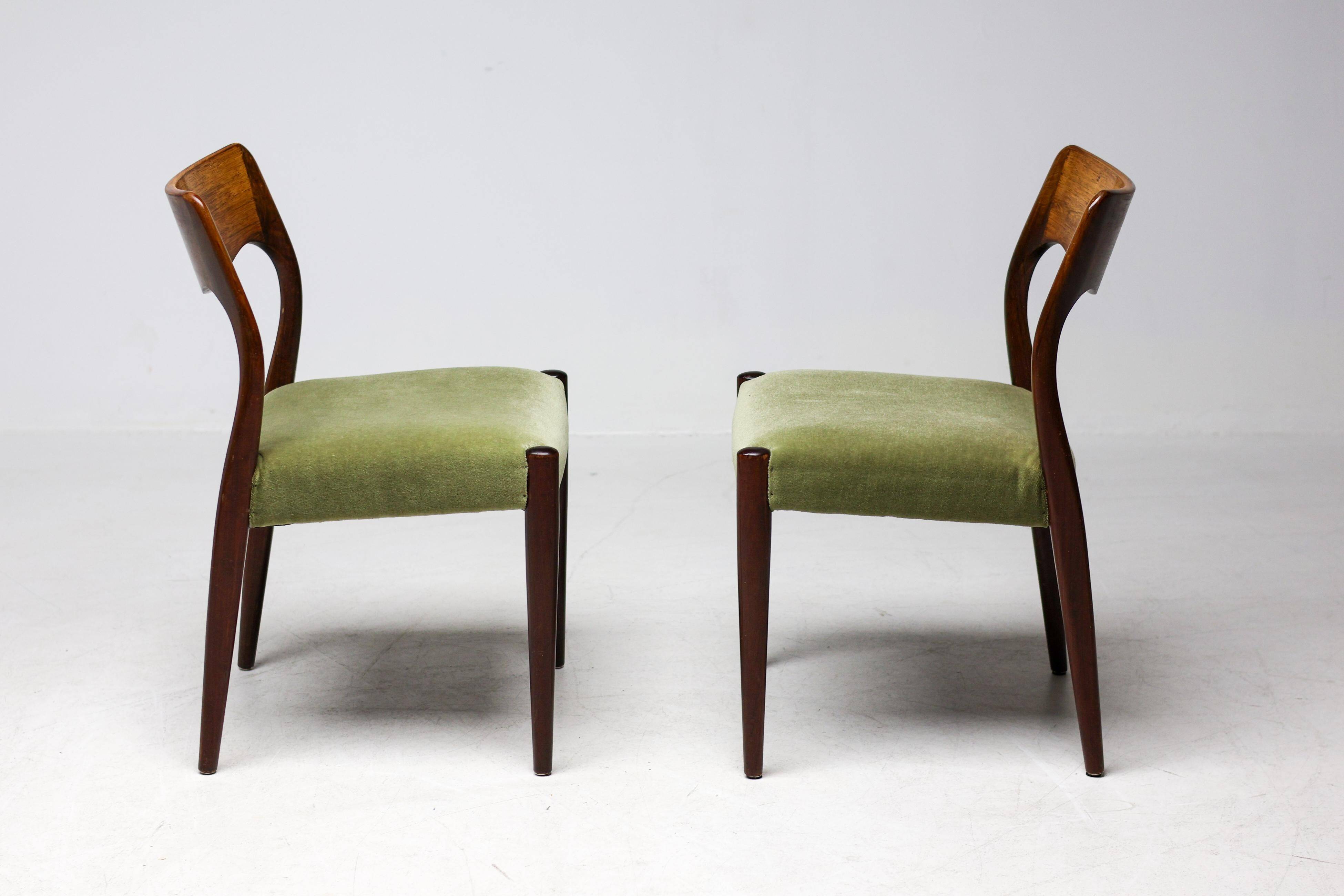 Pair of chairs Model No 71 by Niels Møller in teak and moss green velvet, 1960.