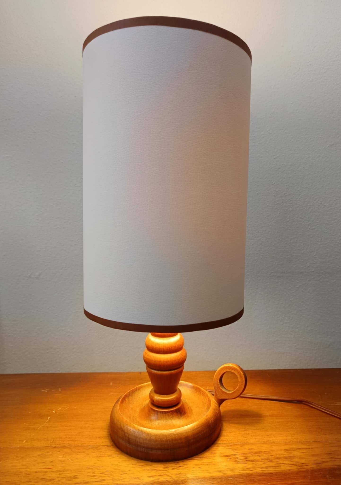 Vintage wooden lamp with white faux leather shade