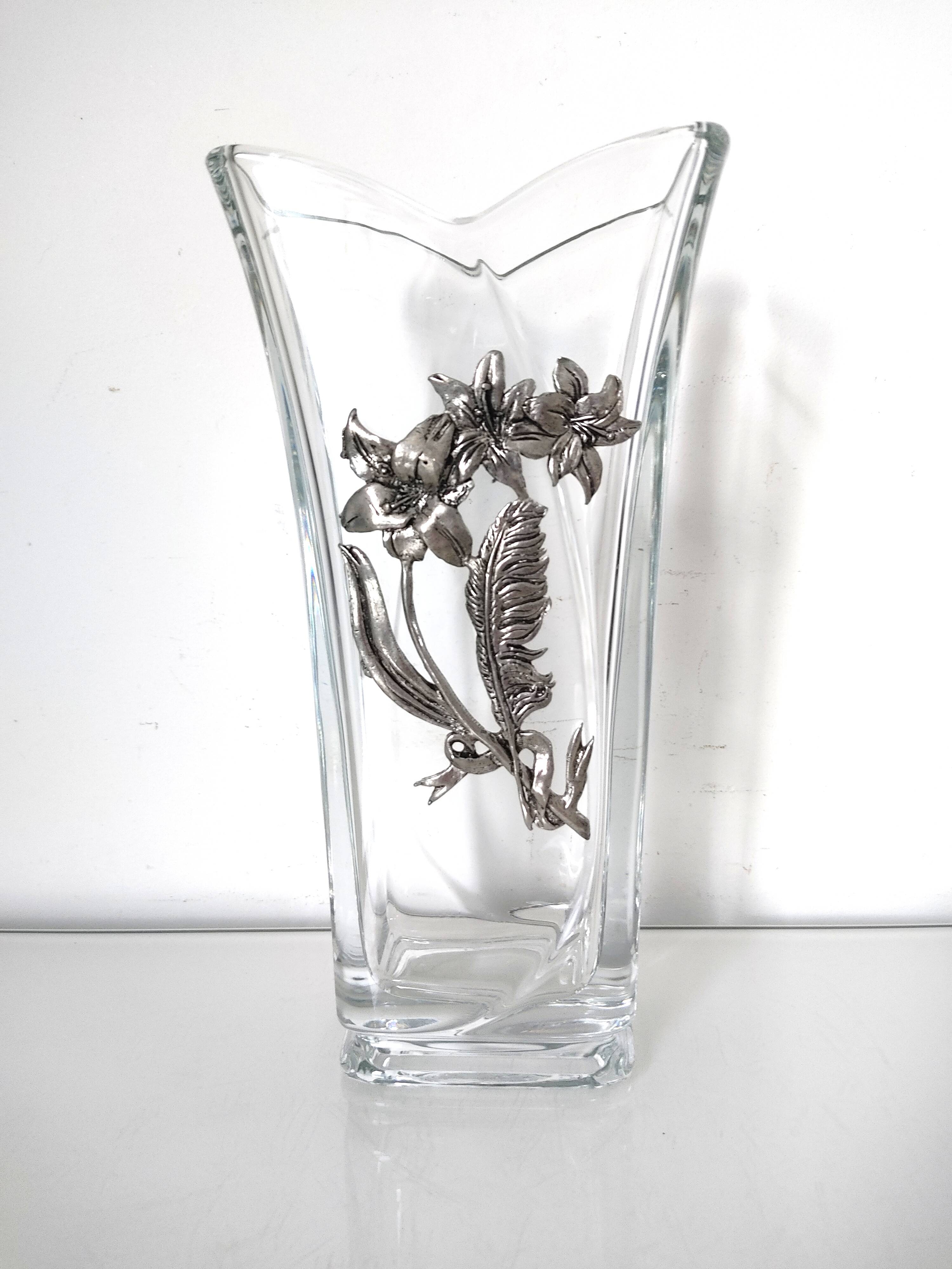 Glass vase with metal flower application