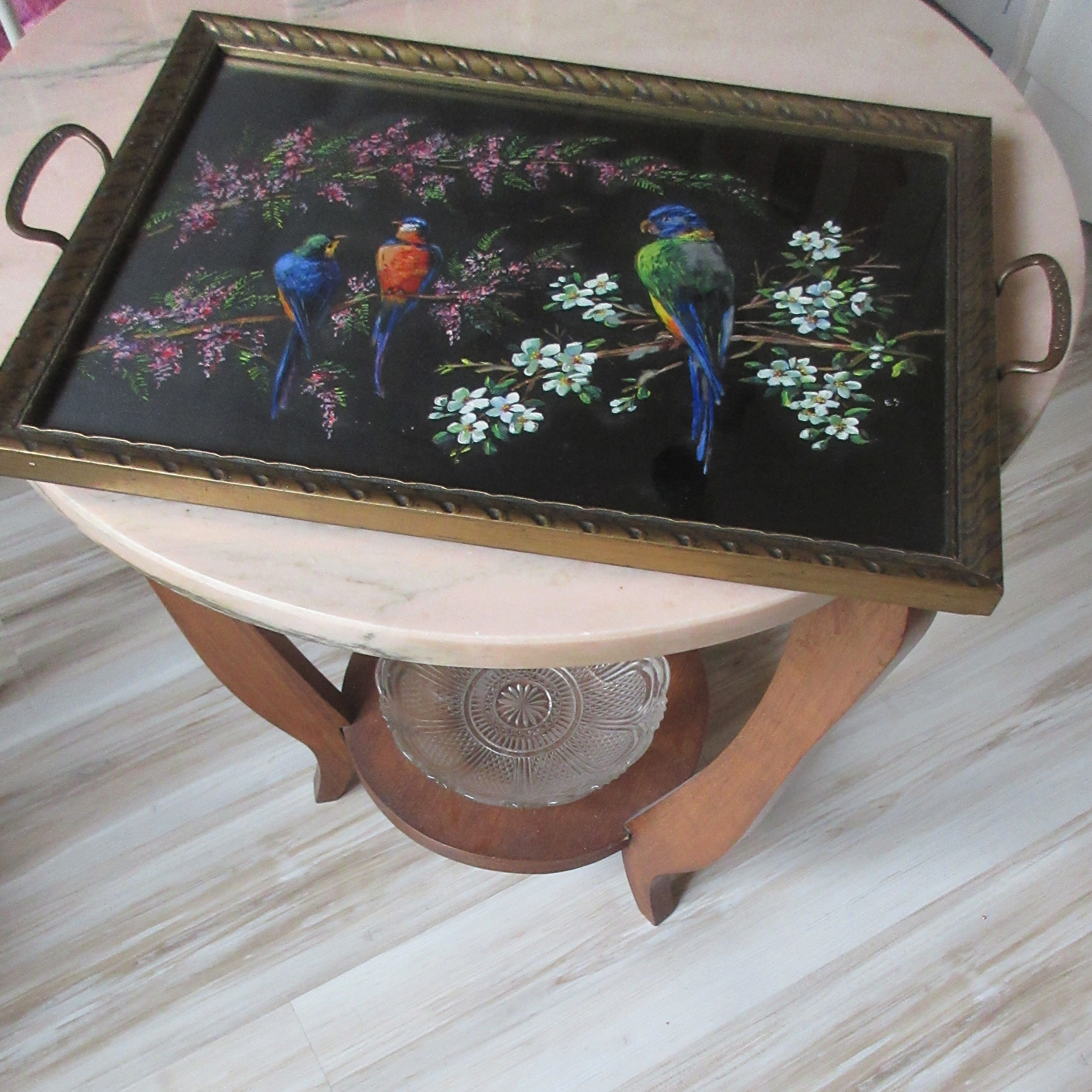 Art deco tray parrot parakeets