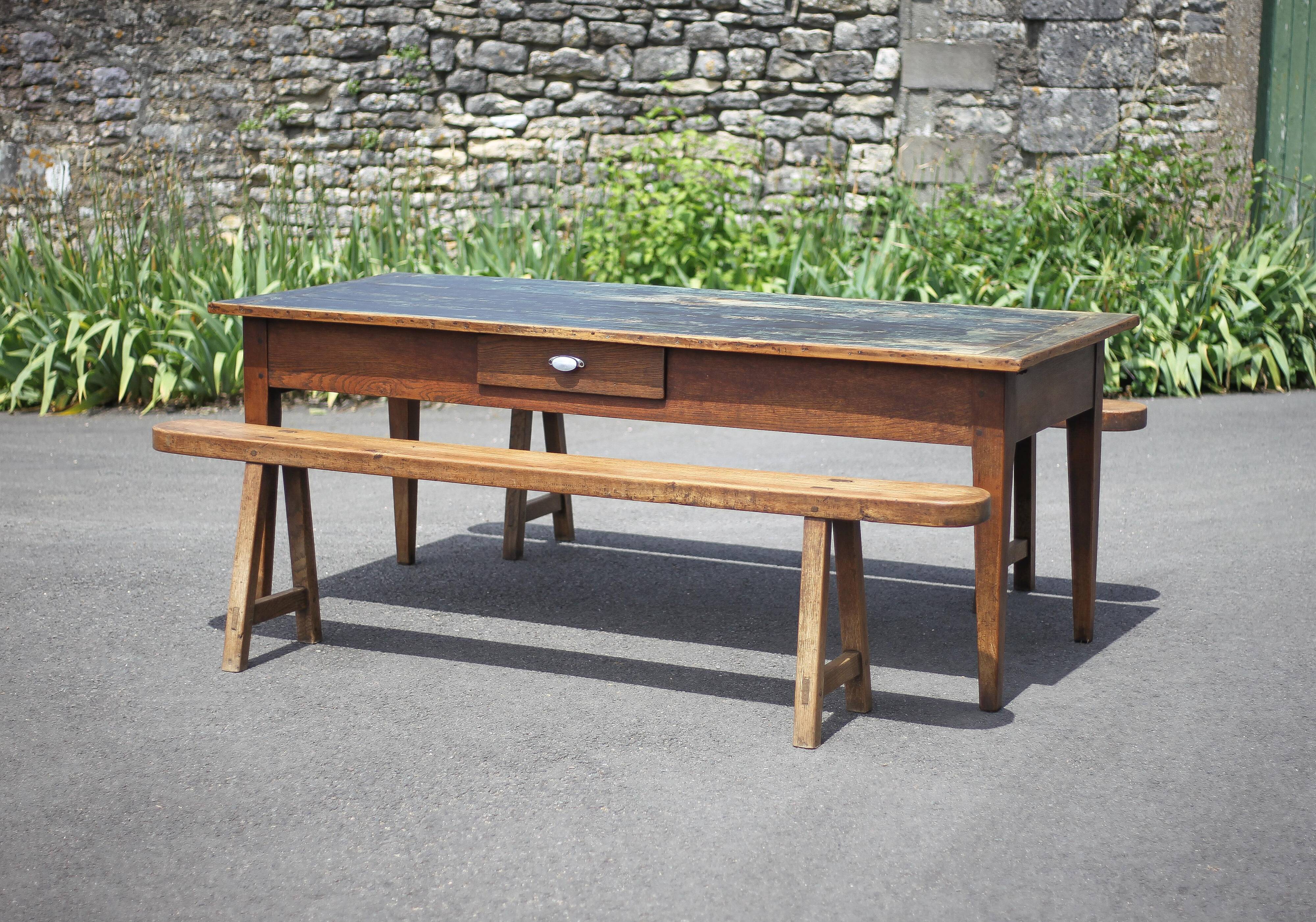 Farmhouse table and its 2 benches, living room table, wooden table with pair of wooden benches