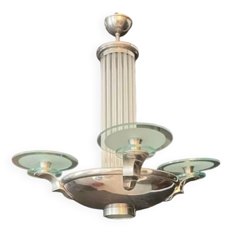 Vintage Sofar Paris chandelier, sandblasted glass and chrome, France 1980