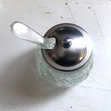 4-piece salt shaker, pepper and mustard set with spoon in stainless steel basket