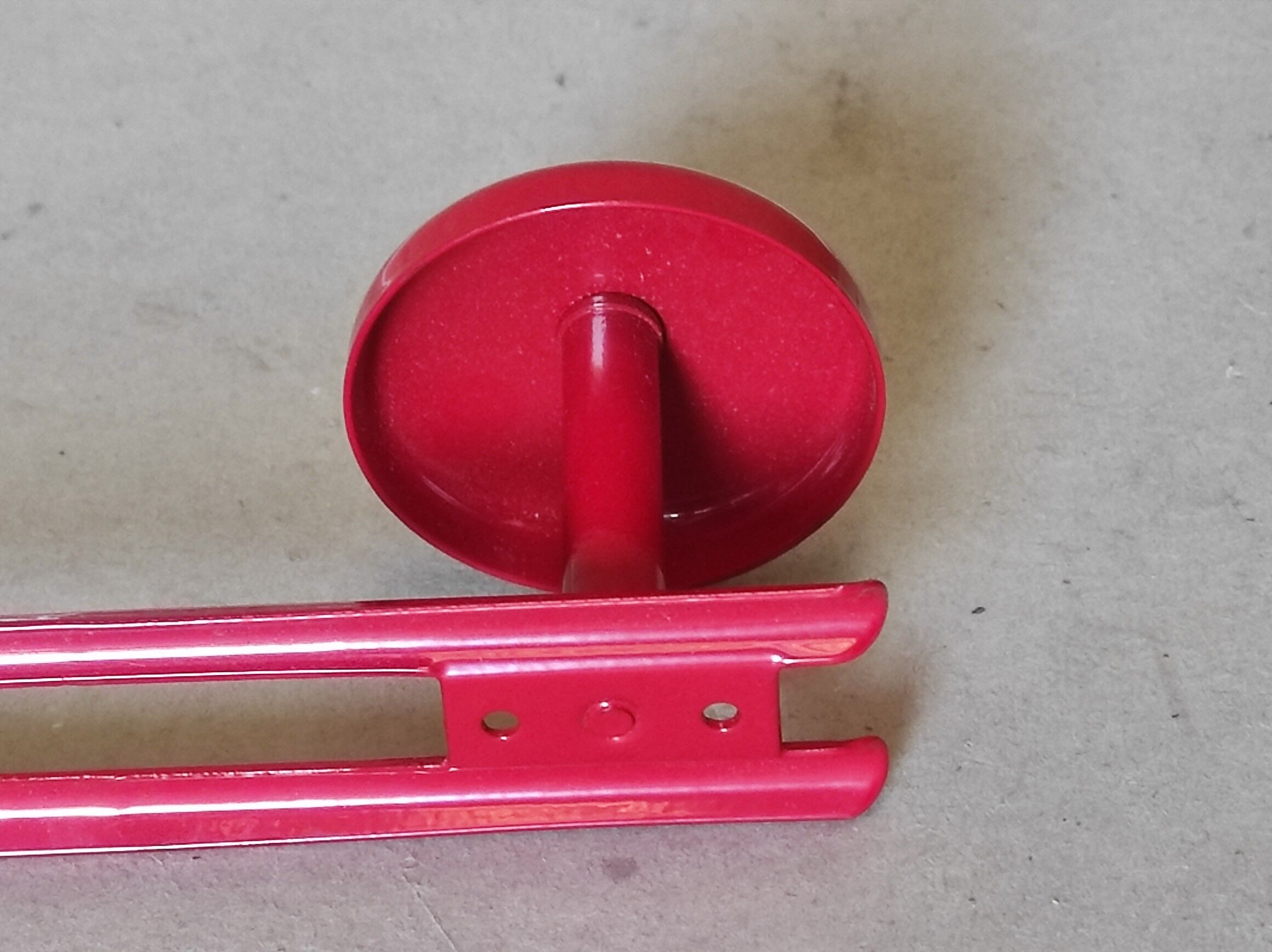 Old vintage wall coat rack 2 round metal hooks lacquered red new
