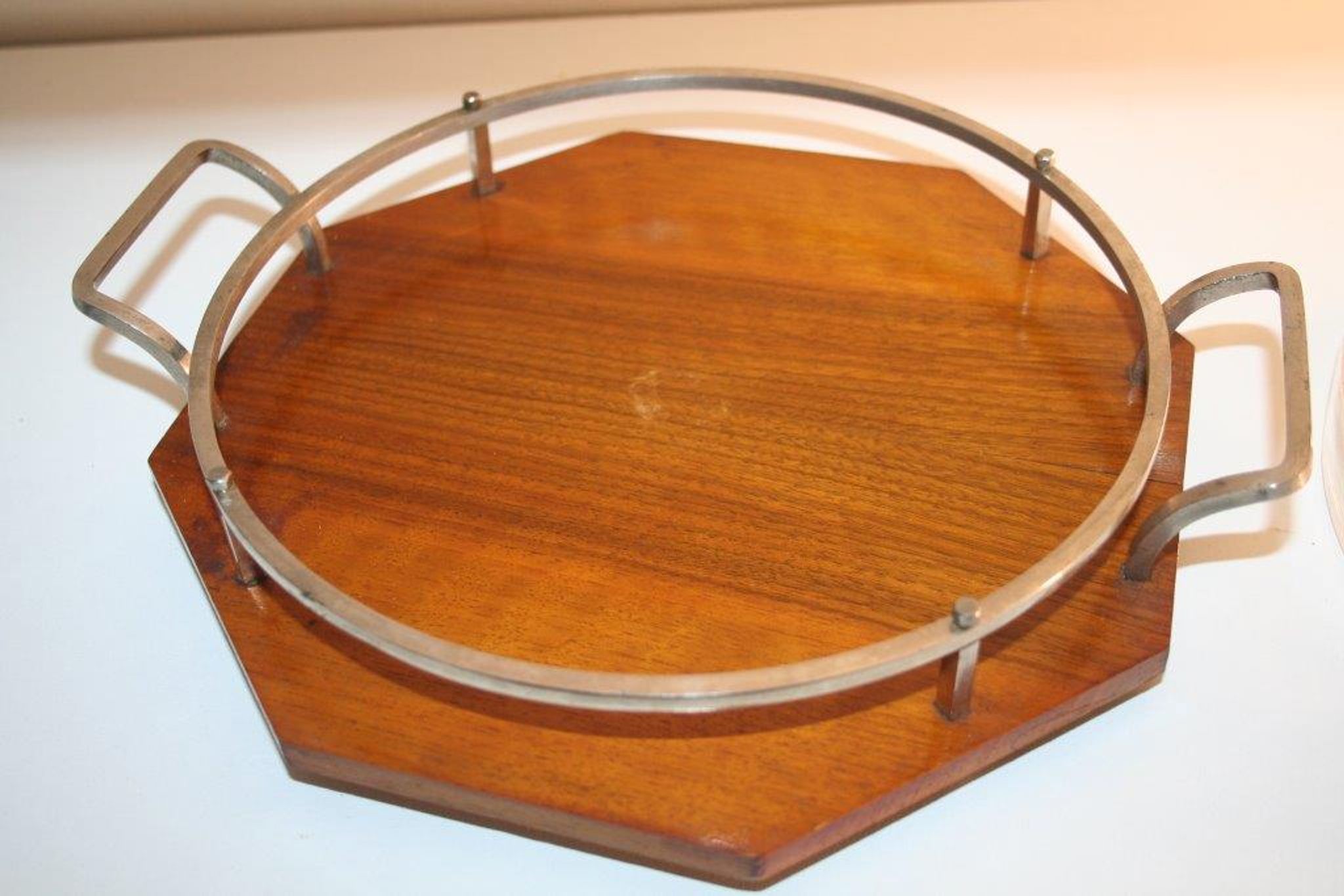 Plateau bois poignées chromées à 3 compartiments verre art déco
