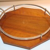 Plateau bois poignées chromées à 3 compartiments verre art déco