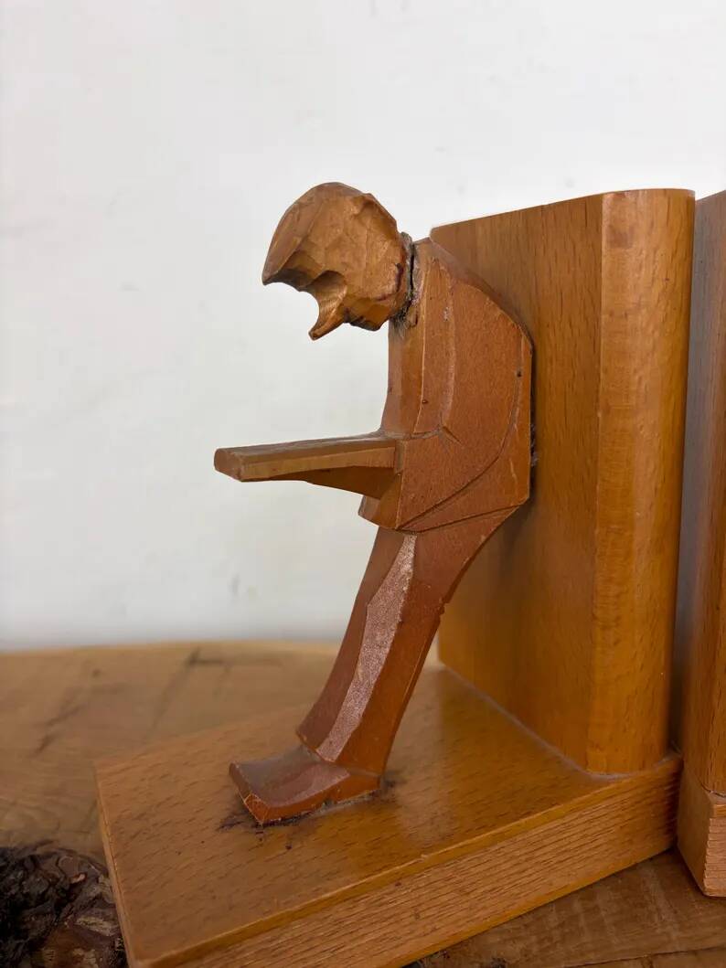 Vintage Mid-Century Cubist German Carved Wood Bookends – Art Deco Style