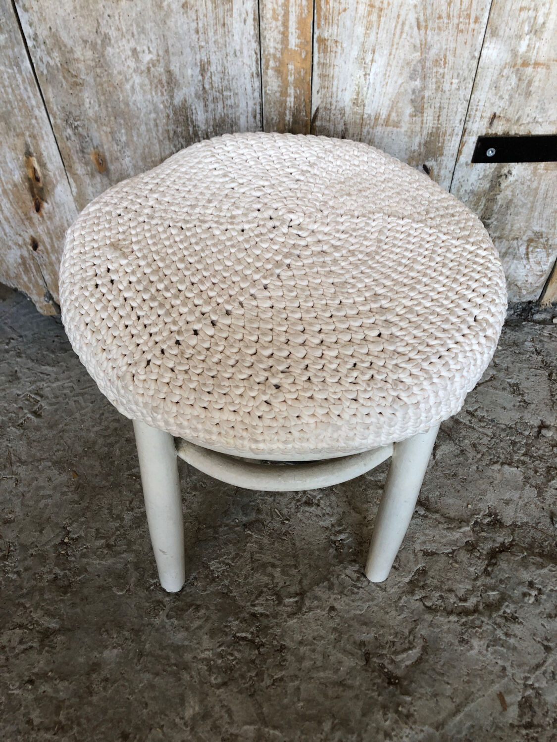 White wooden stool + vintage wool seat #a294