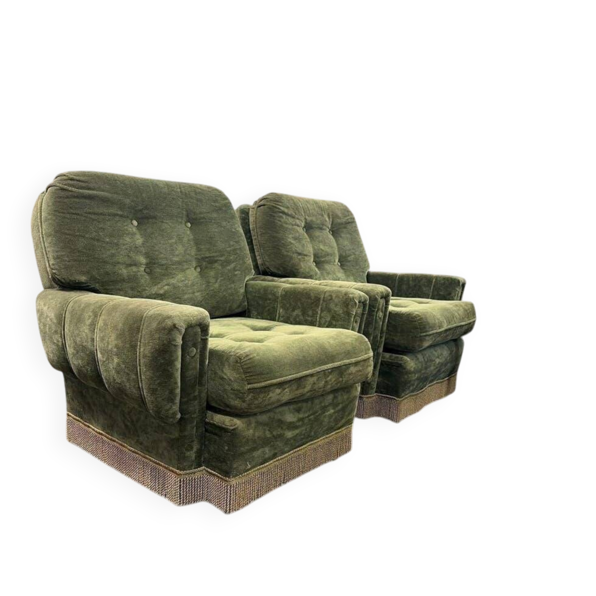 Ensemble de 2 chaises/fauteuils simples vintage verts à franges