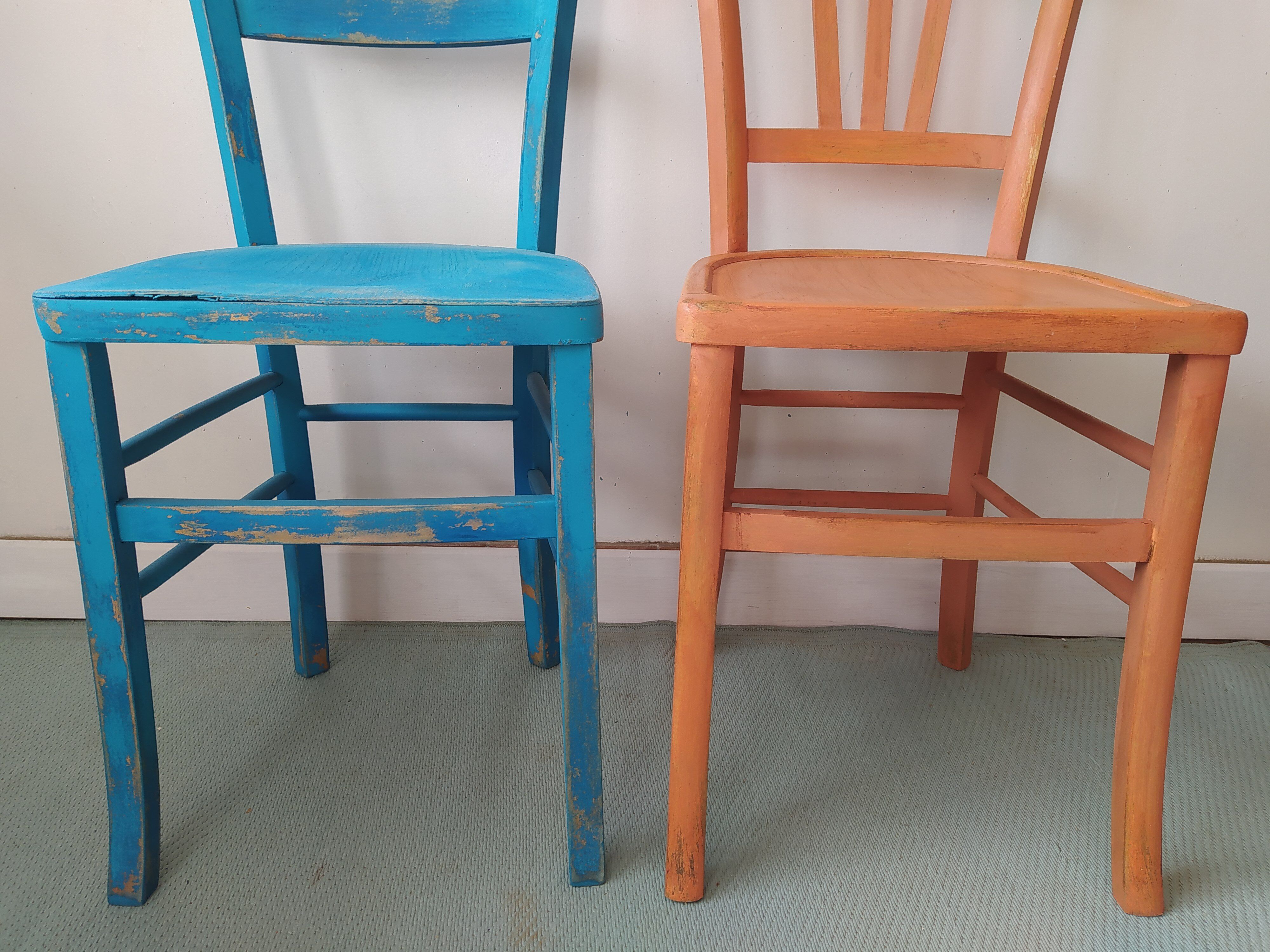 Pair of bistro chairs in patinated wood