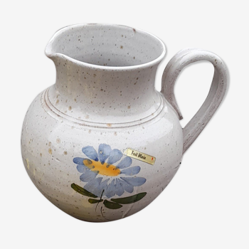 Pichet à eau grès ecru vernissé motif floral peint main, 70's