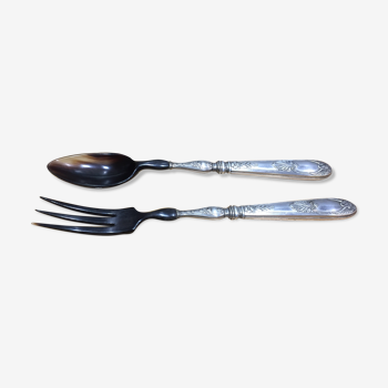 Old horn and silver metal salad cutlery