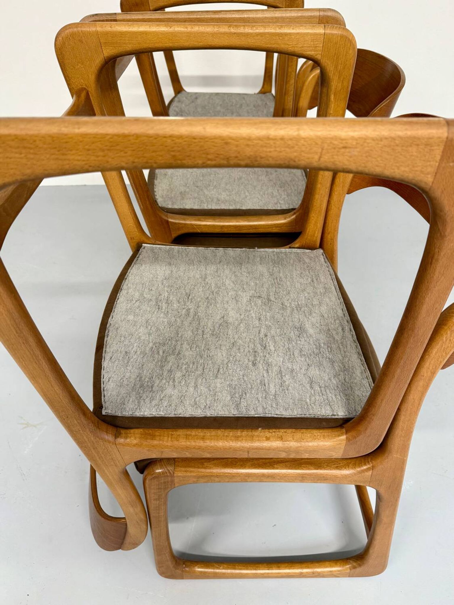 Set of 6 Baumann sleigh chairs in wood and brown fabric, original 1960s