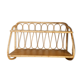 Wall shelf in rattan, wood and brass