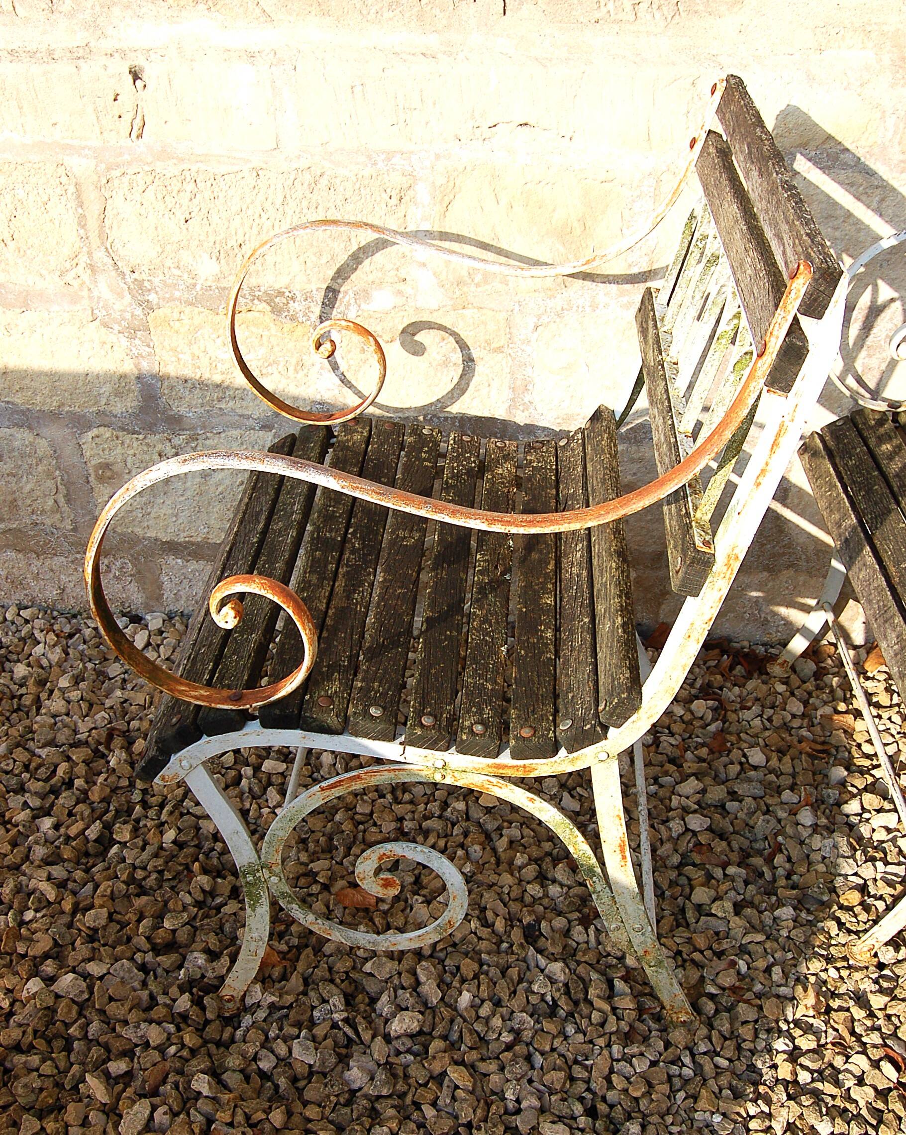 4 20TH CENTURY PAINTED WOOD AND METAL GARDEN CHAIRS