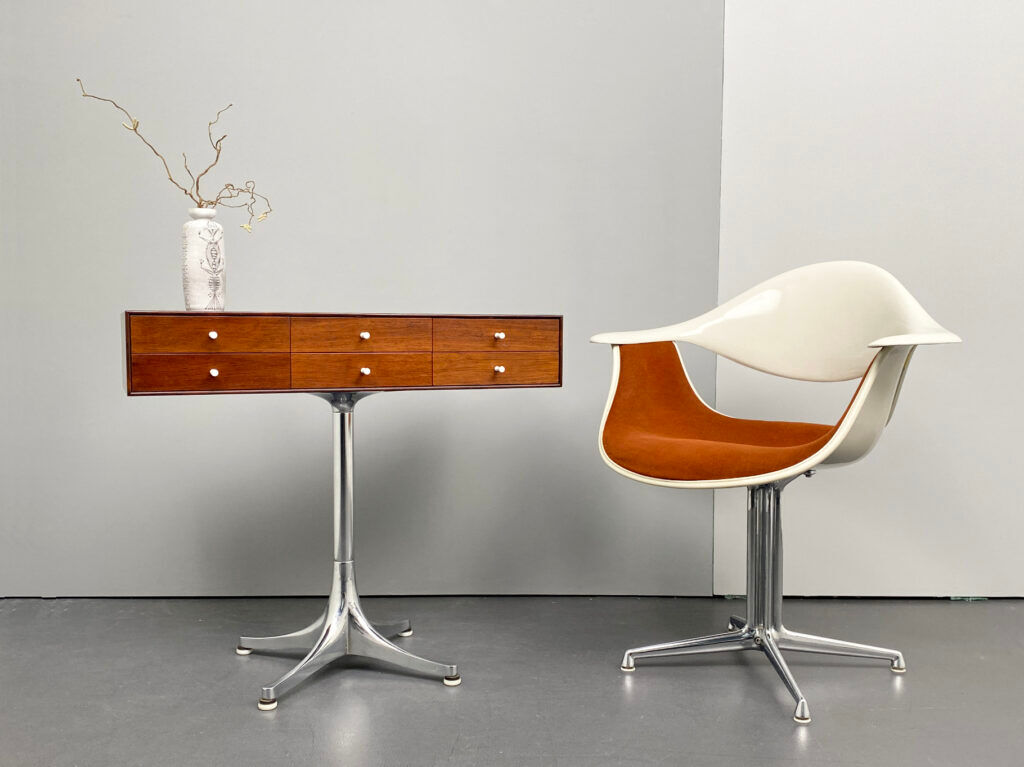 Rare small chest of drawers with 6 drawers, teak wood with chrome-plated base by George Nelson for Herman Miller, USA, 1950s