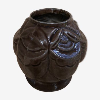 Ancien pot plantes art déco fonte émaillée marron vintage