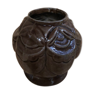 Old art deco vintage brown enameled cast iron plant pot