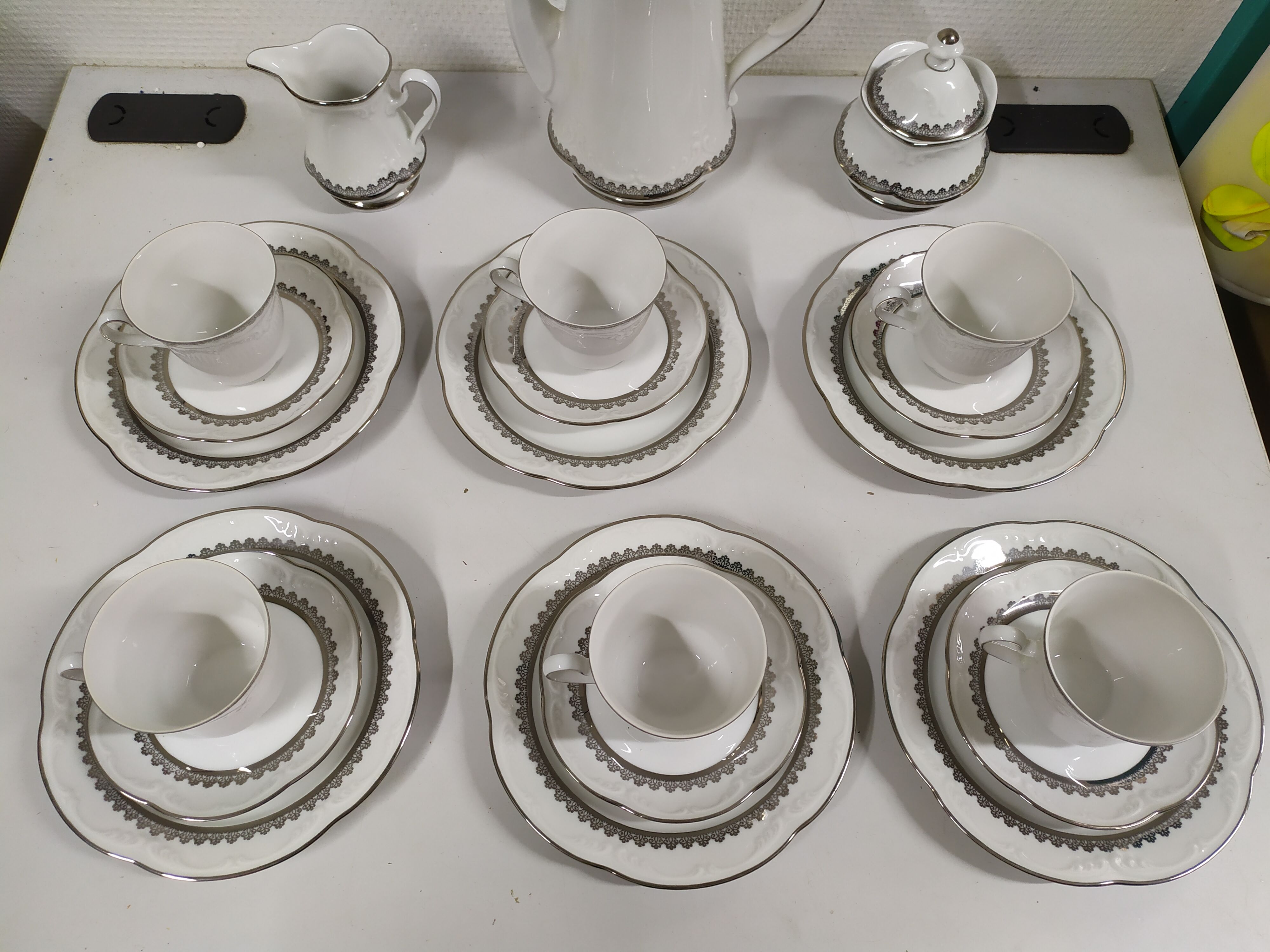 Coffee service for 6 people bavaria white and silver cup plate coffee maker milk pot sugar