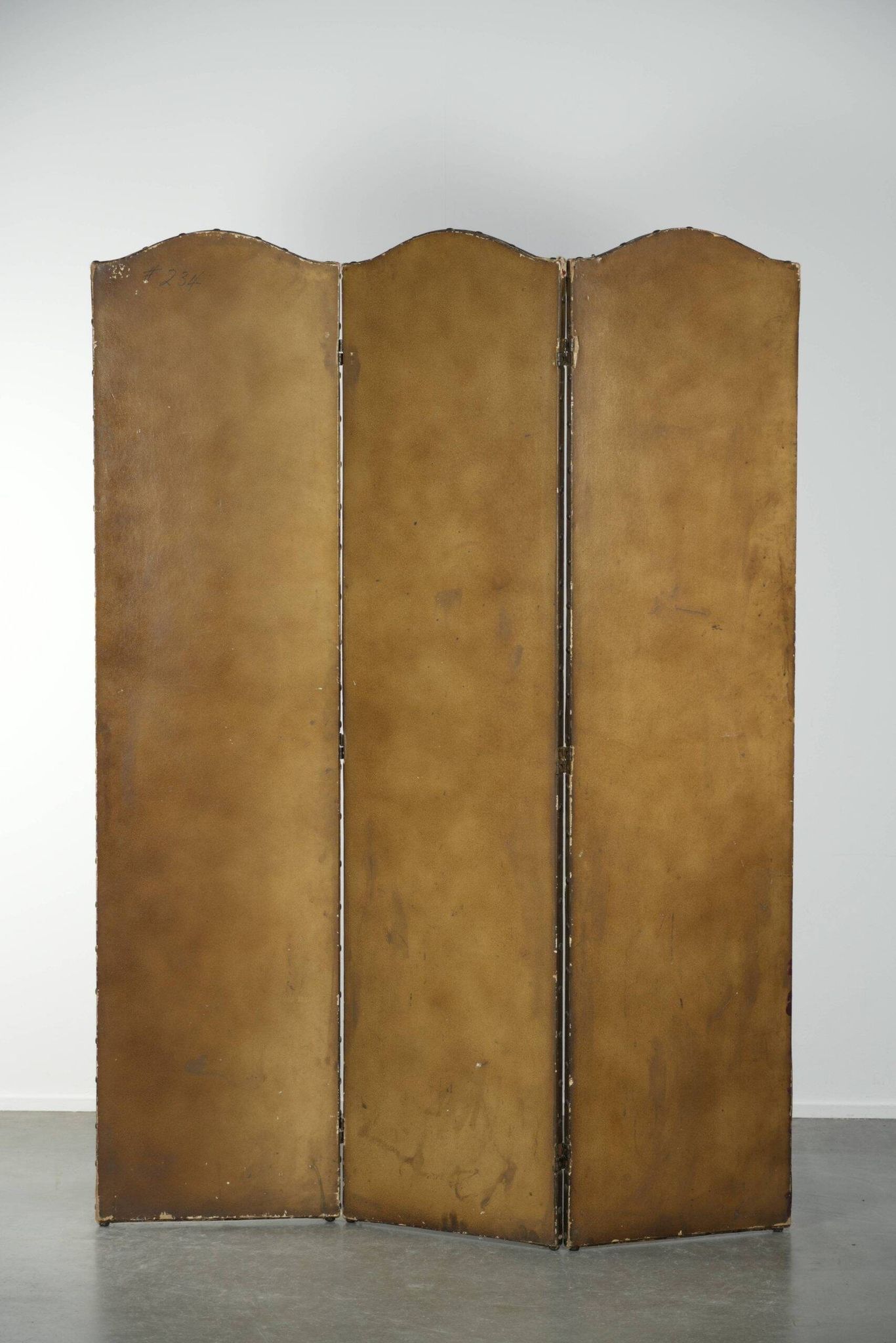 Antique English red leather hand-painted chinoiserie room divider/ screen