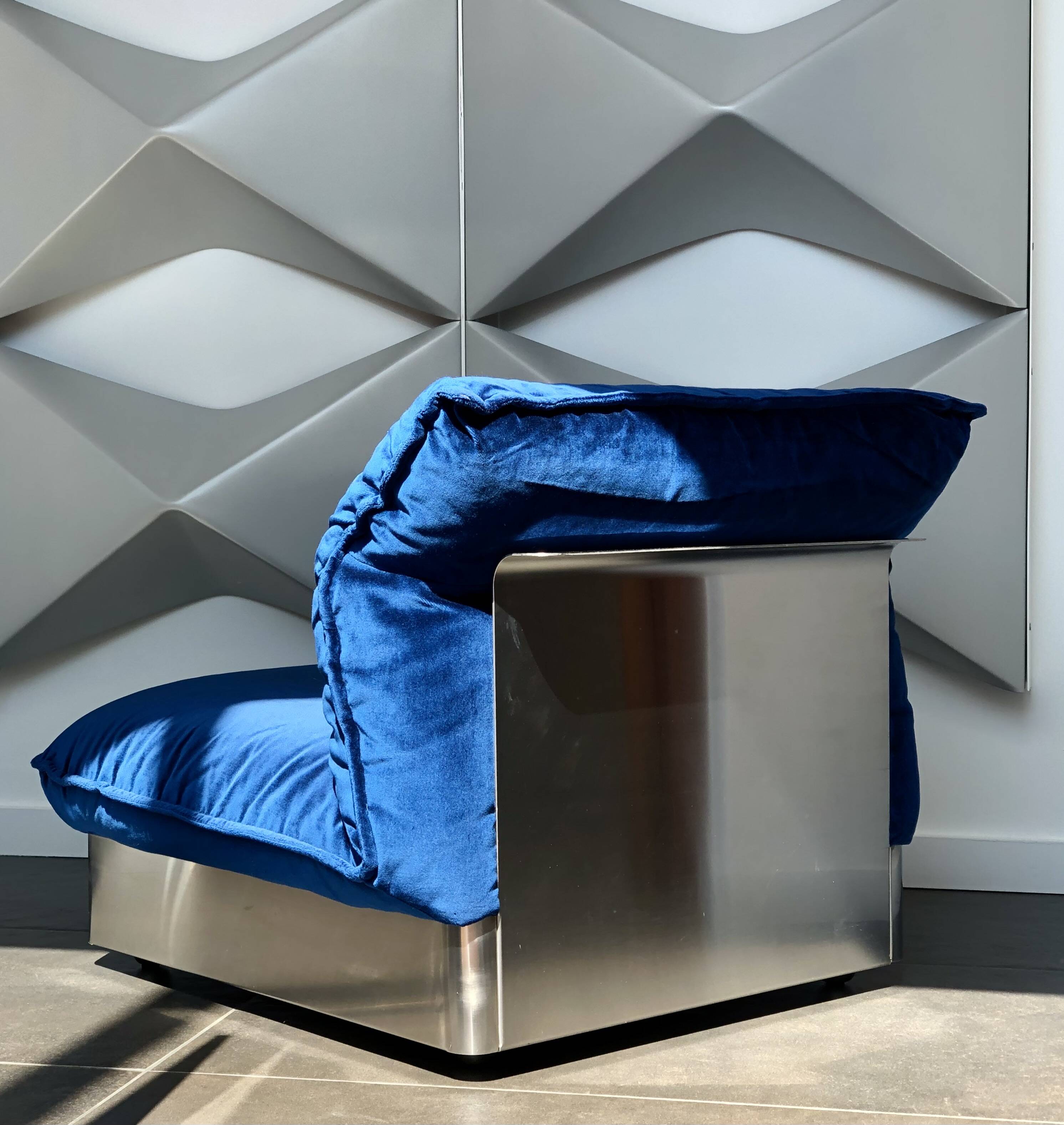 Stainless steel and royal blue velvet armchair, France, 1970s