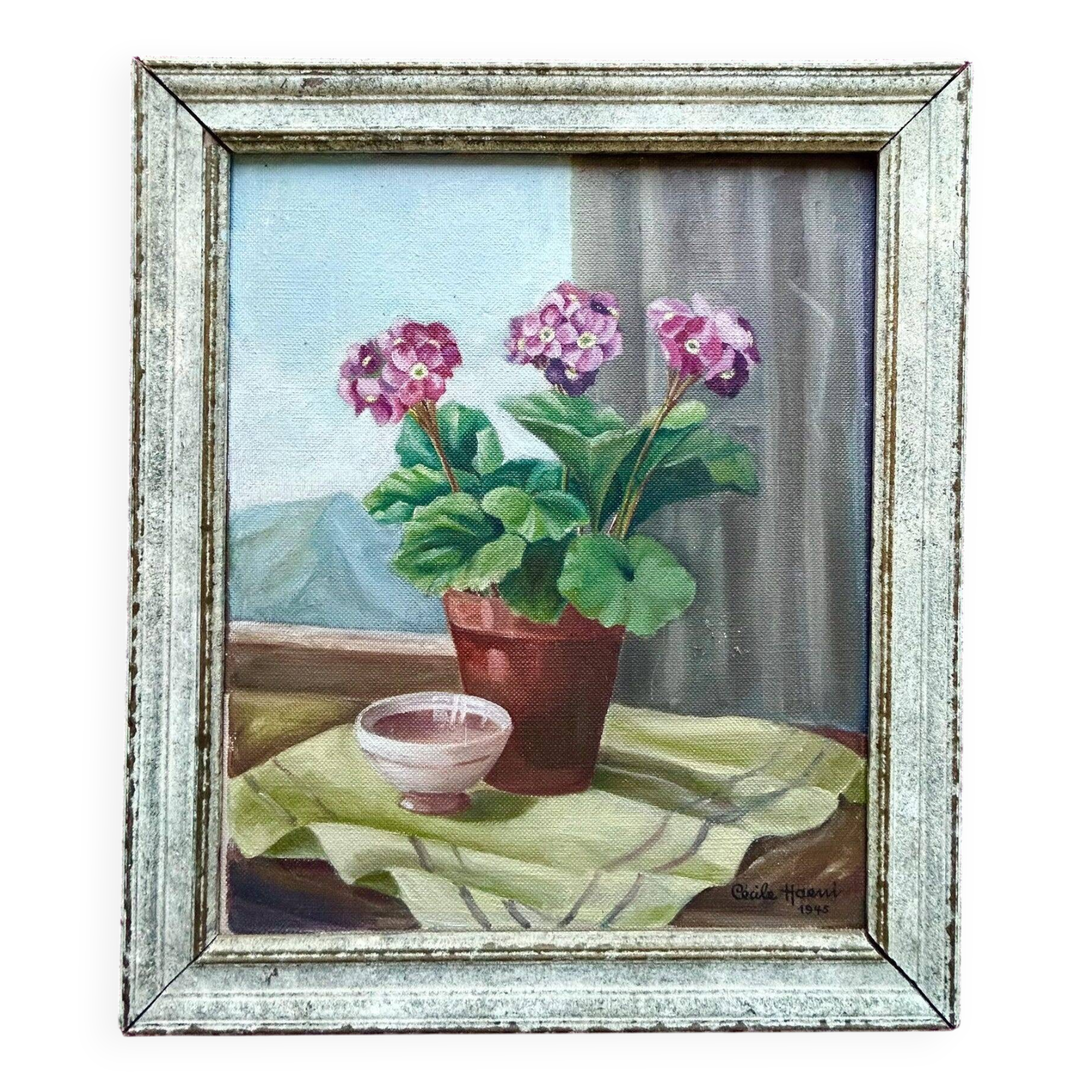1940s French Cecile Haeni Hydrangea Still Life – Signed Vintage Oil on Pane